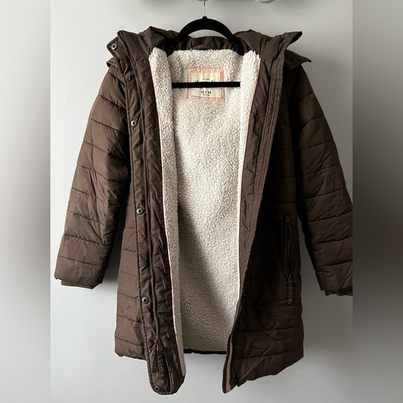 Abercrombie Kids Brown Hooded Puffer Jacket with Sherpa Lining Girls 13/14 - Picture 10 of 14